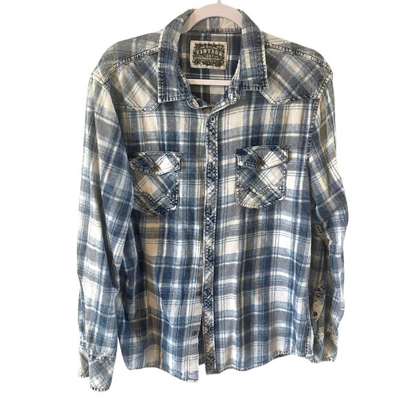 BKE VINTAGE RELAXED FIT ACID WASH PLAID DENIM SHIRT BLUE WHITE MENS L WESTERN - Picture 1 of 6